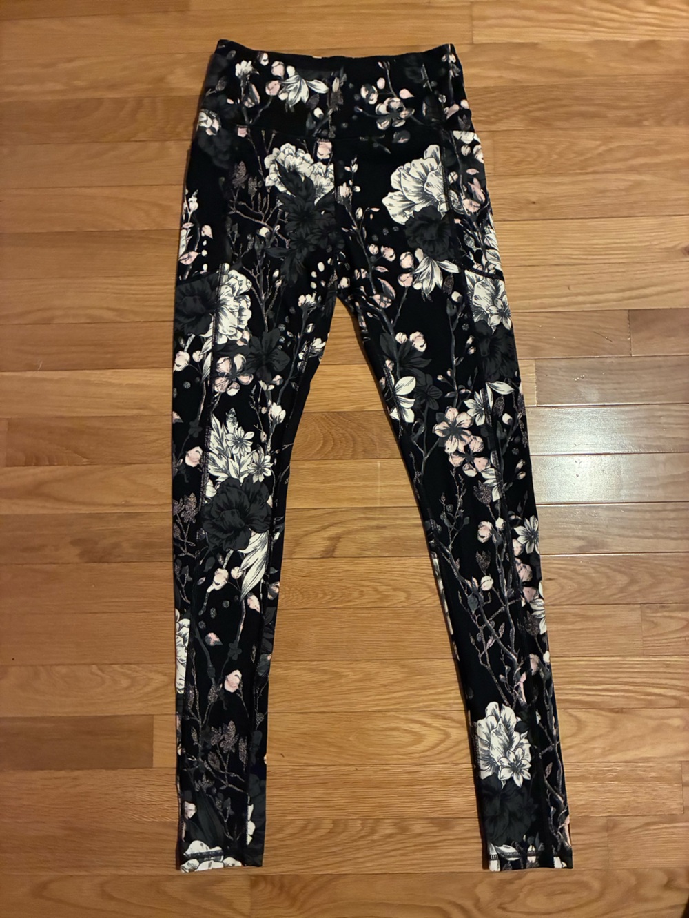 Victoria's Secret Black Floral Leggings with Pink and Cream Blooms